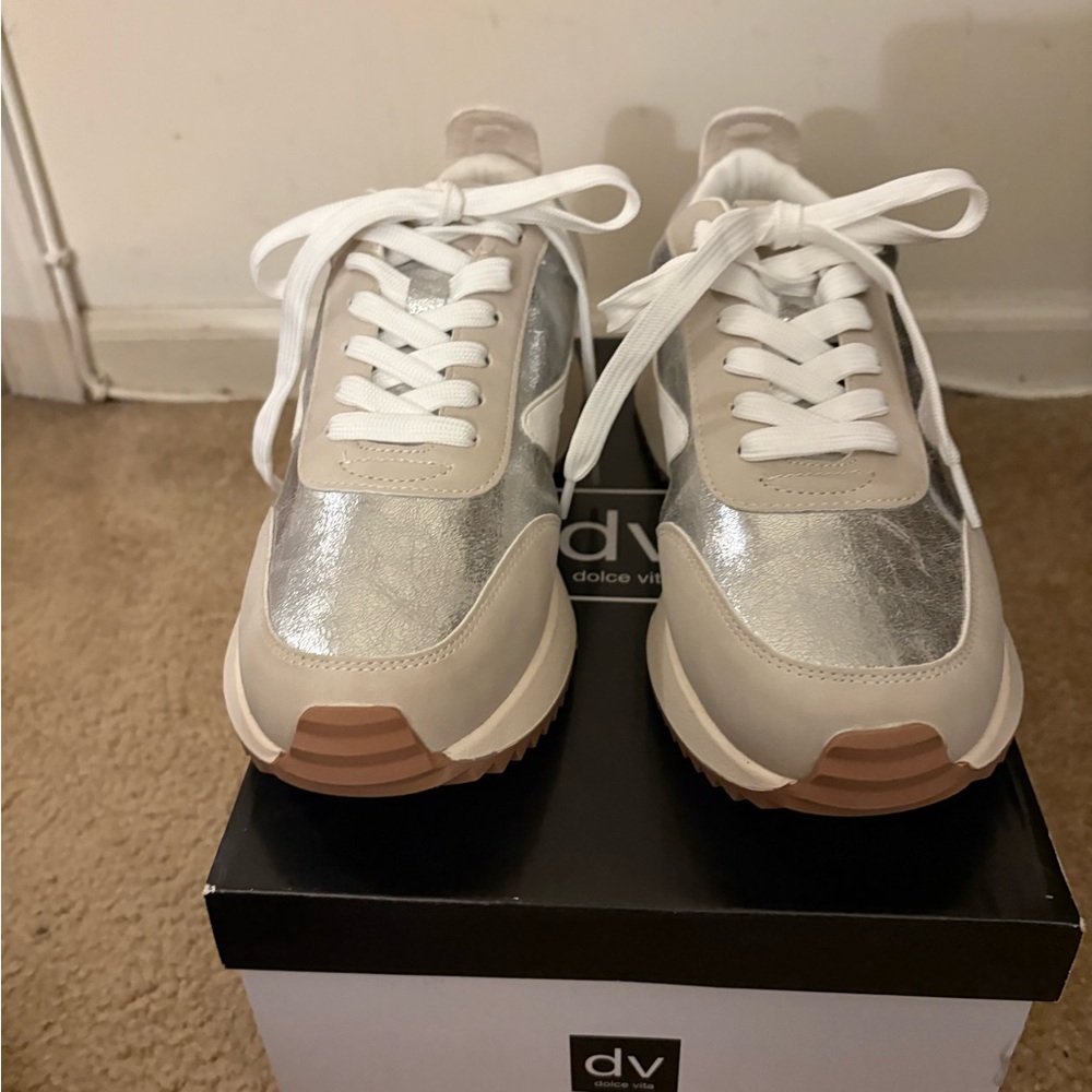 Dolce Vita Metallic Silver and Cream Sneakers
